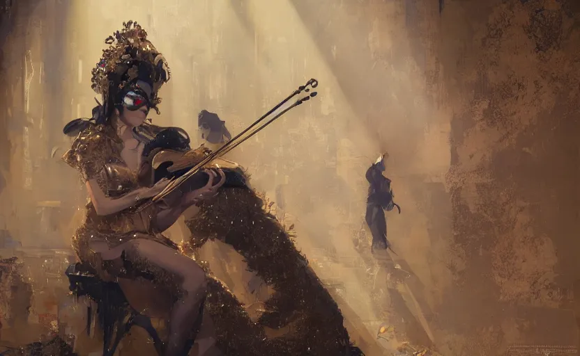 Image similar to craig mullins and ghibli digital art of on the stage of the theater, a masked female violinist performs alone, dressed in exotic costumes, gold jewelry, and black hair realistic shading, cinematic composition, realistic render, octane render, detailed textures, photorealistic, wide shot