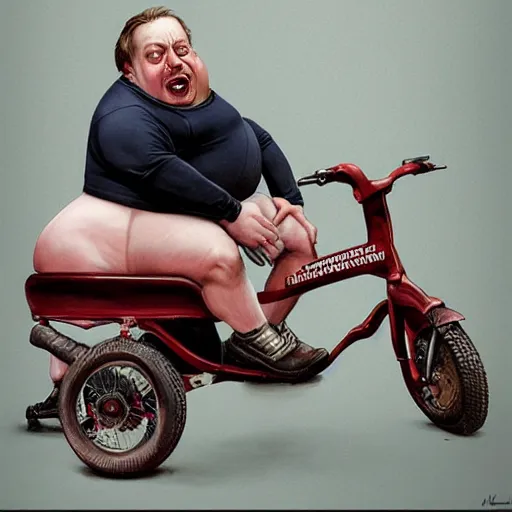 Image similar to hyper realistic absurd, silly, making faces, obese steve buscemi riding a tiny tricycle, painted by greg rutkowski, wlop, artgerm