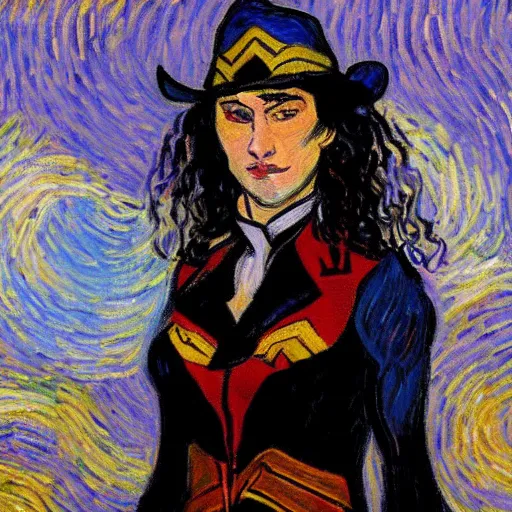 Prompt: Portrait photograph of Gal Godot cosplaying as Vincent van Gogh Wonder Woman by Claude Monet