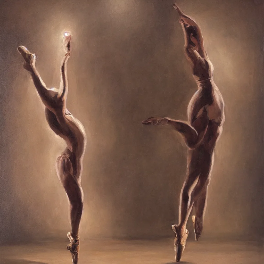 Image similar to a stunning oil painting of a ballerina in a spotlight, arabesque