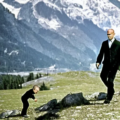 Image similar to jason statham walking on the mountainside with children in the sound of music 1 9 6 5