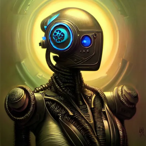 Image similar to low angle shot of a cyberpunk gazmask robot character, intricate, elegant, highly detailed, centered, digital painting, artstation, concept art, front shot, smooth, sharp focus, illustration, artgerm, Tomasz Alen Kopera, Peter Mohrbacher, donato giancola, Joseph Christian Leyendecker, WLOP, Boris Vallejo