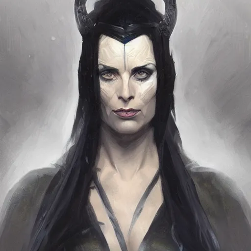 Prompt: ''face portrait of hela from norse mythology covered in shadows, black shadows, greece, fantasy, dungeons and dragons, d & d, digital painting, artstation, concept art, sharp focus, illustration, art by greg rutkowski and alphonse mucha''