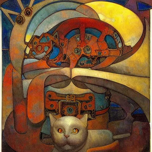 Image similar to mechanical robot cat, by annie swynnerton and diego rivera and nicholas roerich, symbolist, dramatic lighting, elaborate geometric ornament, art brut, soft cool colors, smooth, sharp focus, extremely detailed, adolf wolfli and ( donato giancola )