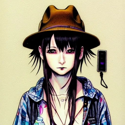 Prompt: full view of girl from serial experiments lain, with tattoos, wearing cowboy hat, style of yoshii chie and hikari shimoda and martine johanna, highly detailed