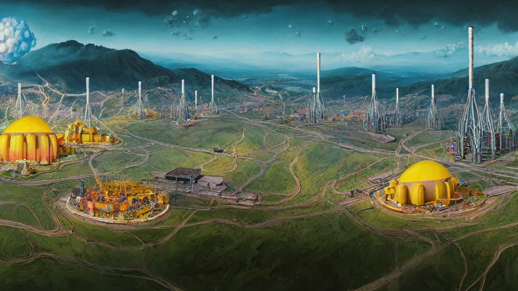 Image similar to Nuclear Breeder Reactors integrated with the town of Quito by Simon Stålenhag and Vincent Callebaut, oil on canvas; Art Direction by Adam Adamowicz; 4K, 8K; Ultra-Realistic Depth Shading