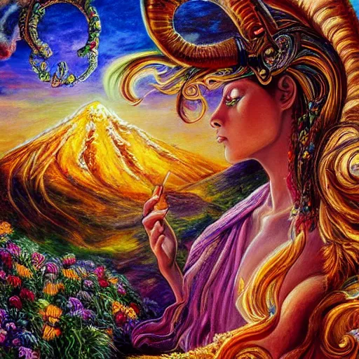 Image similar to painting by josephine wall, horned ram goddess checking her cell phone, erupting volcano and sunset in distance, flowers in foreground, zodiac, fantasy, acrylic on canvas, intricately detailed, highly detailed, high resolution, hdr, 8 k, trending on artstation