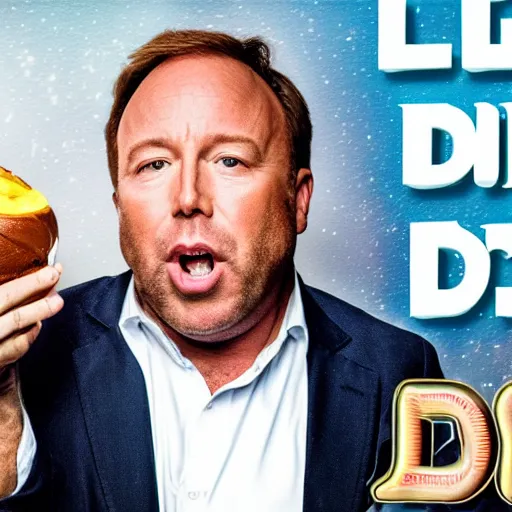 Image similar to alex jones eating a huge twinkle, high definition, color film,