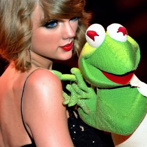 Image similar to Paparazzi photograph of Taylor Swift holding Kermit the frog at the Grammy's