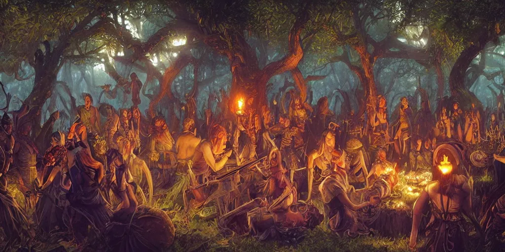 Prompt: fantasy painting with a forest party where witches and pirates are having lots of fun and rum, by Greg Rutkowski and Michael Whelan