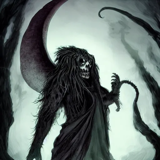 Prompt: ancient magus, fae, skulled creature with black fur, elegant, tendrils, forest, heavy fog, fantasy, hyper realistic