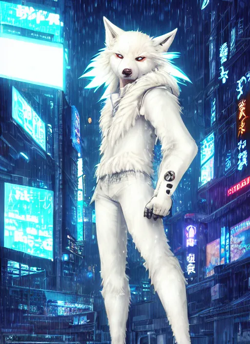 Image similar to character portrait of a male anthro albino wolf fursona with a tail and a cute beautiful attractive detailed furry face wearing stylish cyberpunk clothes in a cyberpunk city at night while it rains. hidari, color page, tankoban, 4K, tone mapping, Akihiko Yoshida. Nomax, Kenket, Rukis. comic book style, photorealistic, professional lighting, hyperdetailed, high resolution, high quality, dramatic, deviantart, artstation, 4k, real photo