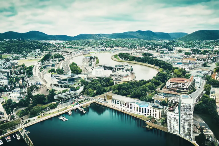 Image similar to bird's eye view photography of a small city. town hall, central farm, monorail station, beach and harbor. hills, woods and lake to the north.