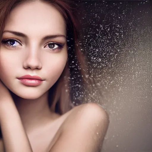 Image similar to hyper realistic 8 k beautiful woman photograph, photo shot, studio shot, portrait, skin, texture, ambient light, quality, soft smile, cinematic lighting, reflection, highly detailed render