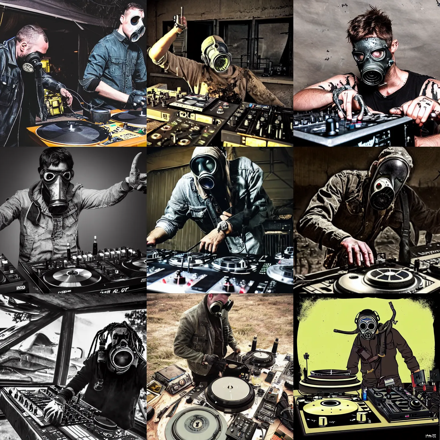 Prompt: gas mask mad max survivalist DJing with DJ turntables, in a wasteland zombie apocalypse