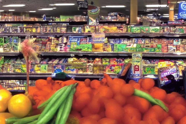 Prompt: grocery store iphone photograph with monkeybone, scene from monkeybone 2001