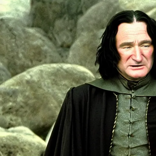Prompt: Robin Williams playing Snape in Harry Potter, screenshot
