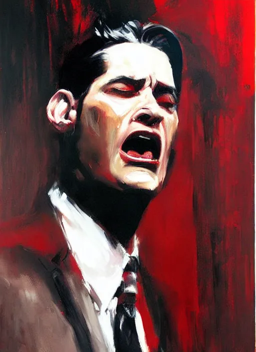 Prompt: dale cooper doppelganger, screaming, WHITE EYES!!! red curtains, painting by phil hale, 'action lines'!!!, graphic style, visible brushstrokes, motion blur, blurry