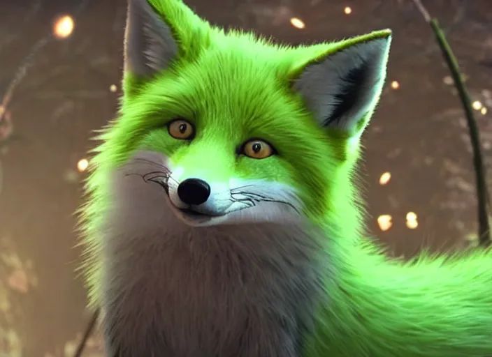 Prompt: muxy logo, nine tail bluish green fox, movie still, 8 k, realistic