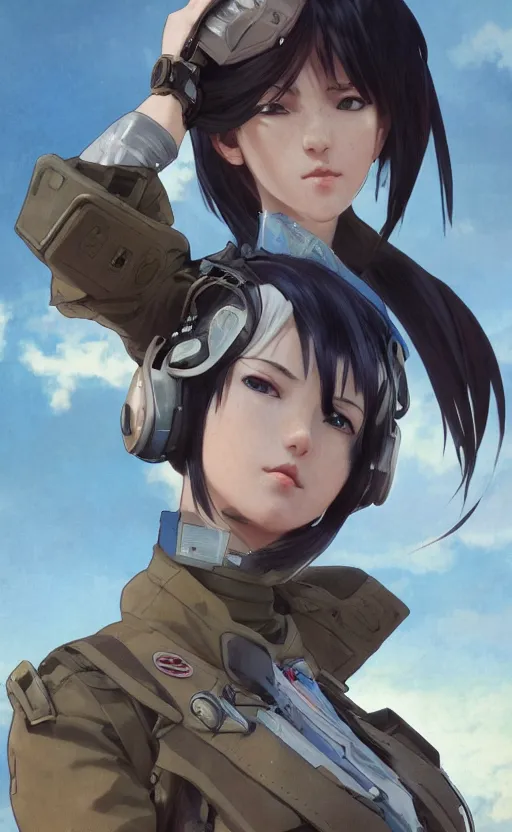 Prompt: a flying girl, fused aircraft parts, military pilot clothing, anime style, short hair, hair down, symmetrical facial features, from arknights, hyper realistic, 4 k, rule of thirds, extreme detail, detailed drawing, trending artstation, hd, realistic lighting, by alphonse mucha, greg rutkowski, shoulder eyes, backlit