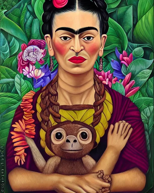 Prompt: highly detailed matte portrait of frida kahlo with monkey and flowers by amanda sage