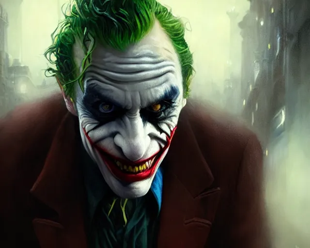 Image similar to highly detailed portrait of anthony misiano as the joker, in batman : arkham knight, stephen bliss, unreal engine, fantasy art by greg rutkowski, loish, rhads, ferdinand knab, makoto shinkai and lois van baarle, ilya kuvshinov, rossdraws, tom bagshaw, global illumination, radiant light, detailed and intricate environment