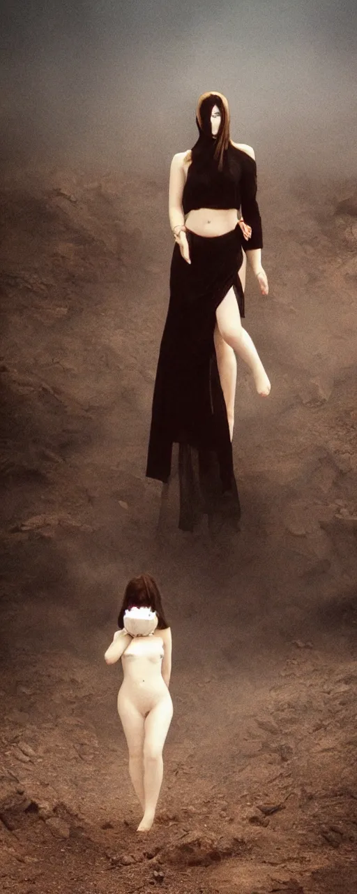 Image similar to The full body shot of beautiful pale woman with white flowers and full-face golden mask inside a thick black smoke in rocky desert landscape, glowing eyes everywhere, burning earth by Gaspar Noe and Christopher Doyle, anamorphic lens, anamorphic lens flares, kodakchrome, cinematic composition, practical effects, award winning photo, 8k