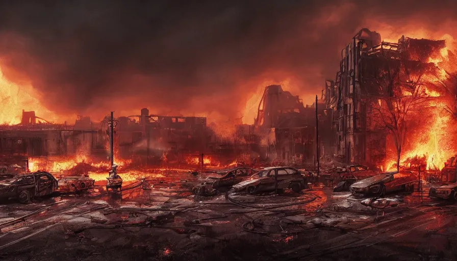 Image similar to A detailed render of a post apocalyptic scene of Fire and explosions at the 3rd precinct in Minneapolis on fire, sci-fi concept art, lots of fire, panic, dark, clouds, 8k, high detail, advanced rendering whimsically designed art, 4k post-processing highly detailed, Soft illumination