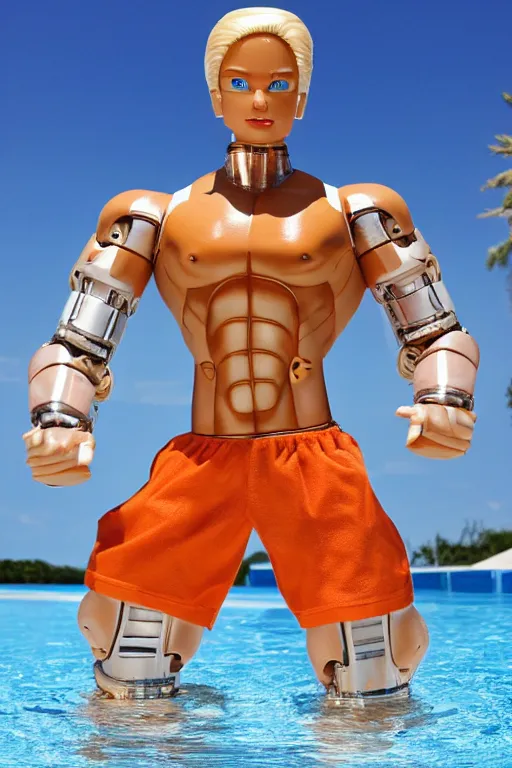 Image similar to a handsome bodybuilder with blonde hair who is also a male android robot, ken doll, muscular, wearing a cut-off white crop top and short light orange shorts stands by a swimming pool, shiny skin, robotic