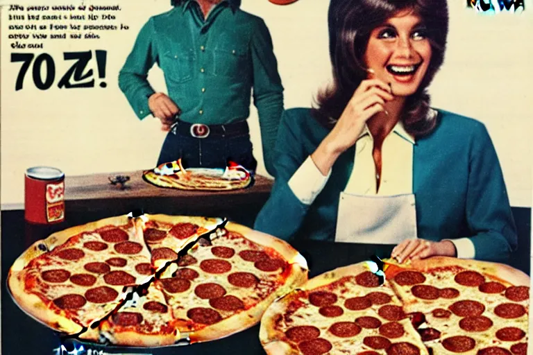 Prompt: 7 0 s, pizza, advertisement