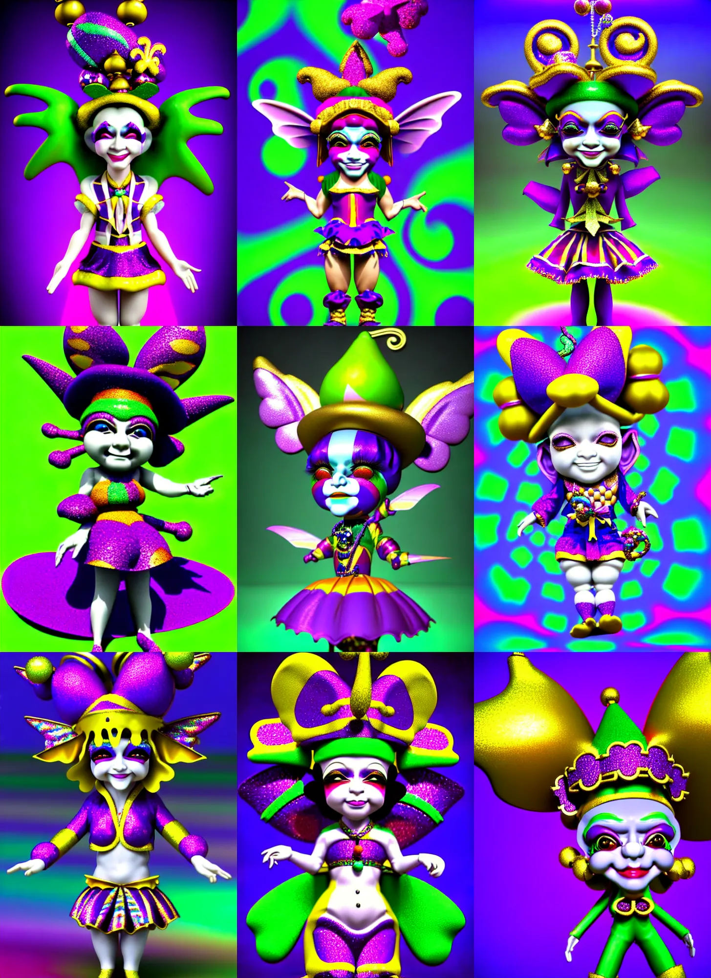 Prompt: 3d render of chibi mardi gras jester doll by Ichiro Tanida wearing a jester cap and bells and wearing angel wings against a psychedelic swirly background with 3d butterflies and 3d flowers n the style of 1990's CG graphics 3d rendered y2K aesthetic by Ichiro Tanida, 3DO magazine