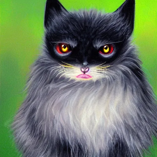 Image similar to cute fluffy bat with black cat face with big gold eyes hybrid animal detailed painting 4 k