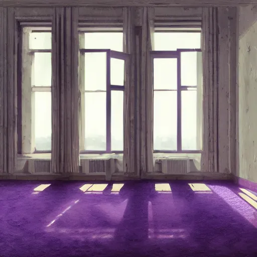 Prompt: interior of an apartment with purple carpeting and large windows, matte painting by sylvain surrailh, greg rutkowski, artstation