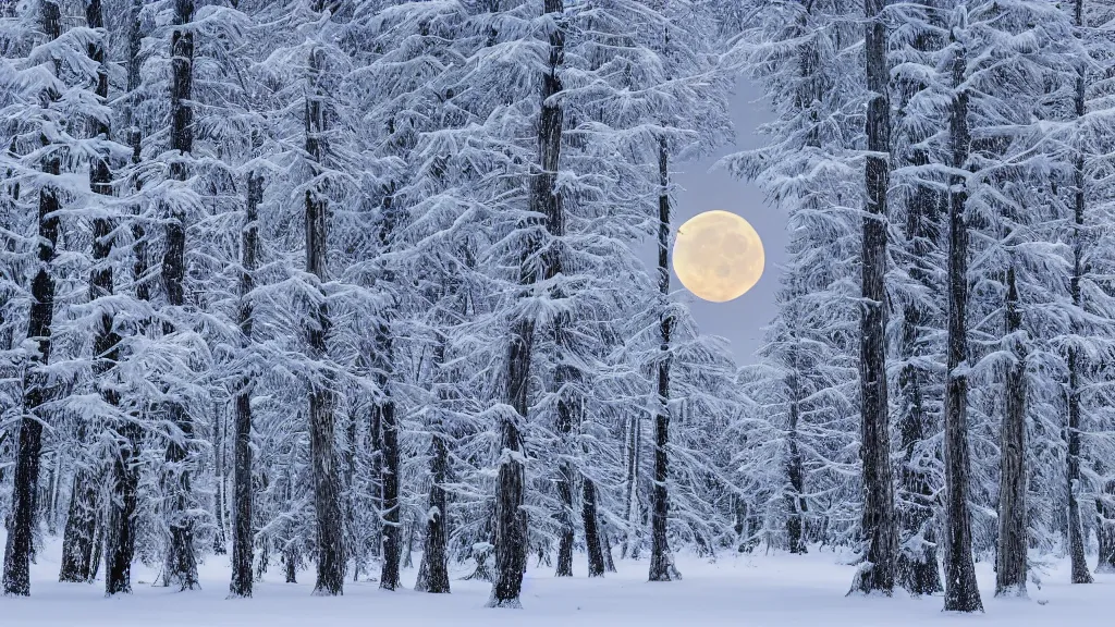 Image similar to Pine tress full of snow, lit by a full moon