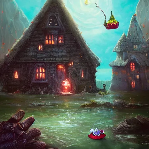 Prompt: a scary witch in front of a witche house made out of candy, floating on the ocean, epic scene, fantasy, cinematic, hyper - detailed, in the style of greg rutkowski