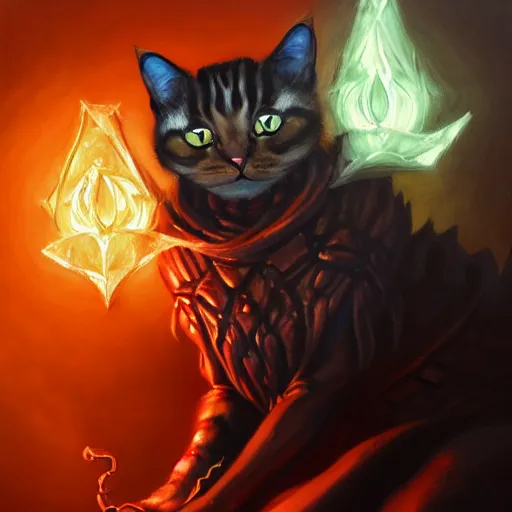 Prompt: Oil Painting of Cat, Anthropomorphized, casting evil spell, magic the gathering artwork, horror, D&D, fantasy, cinematic lighting, centered, symmetrical, highly detailed, digital painting, artstation, concept art, smooth, sharp focus, illustration, volumetric lighting, epic Composition, 8k, art by Akihiko Yoshida and Greg Rutkowski and Craig Mullins, oil painting, cgsociety