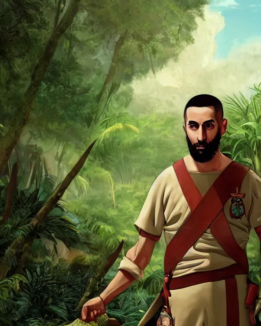 Prompt: portrait of karim benzema as a spanish conquistador in a jungle, by nicola saviori, and dan mora, studio ghibli color scheme, highly detailed, rim light, subsurface scattering, cinematic lighting, illustration, art, octane render, very coherent, cinematic, hyper realism, high detail, 8 k