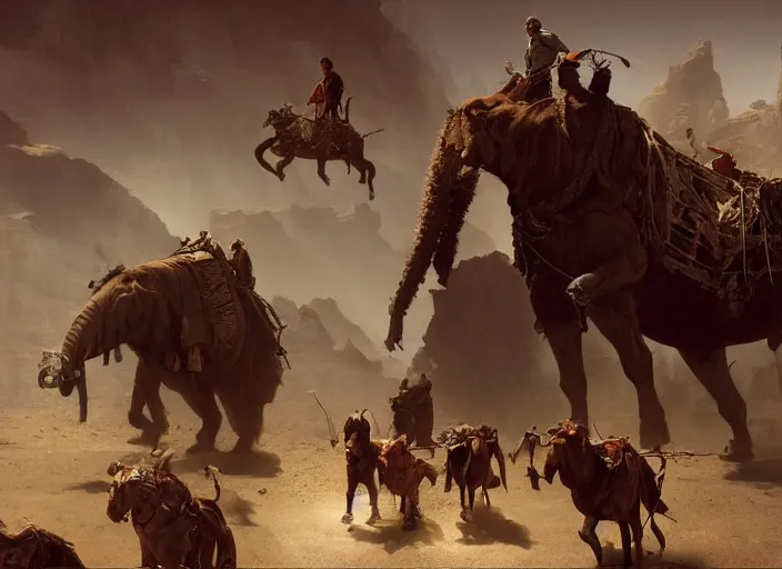 Prompt: the big large expedition with a crowd of adventurers being brought by gigantic mammals carrying stuff towards the desert of duhnes medium shot, key art by craig mullins, bloom, dramatic lighting, cinematic, high details