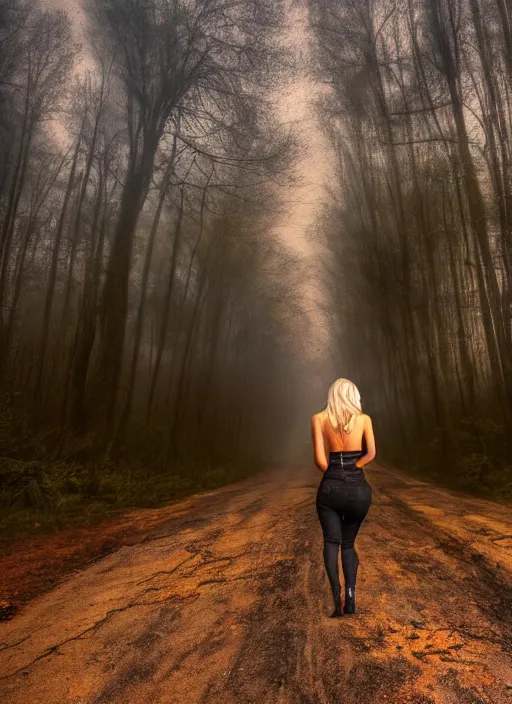 Image similar to beautiful blonde female cop walking through forest of crashed cars, wide shot, full perspective, curvy, mystery, fog, night time, starry skies.