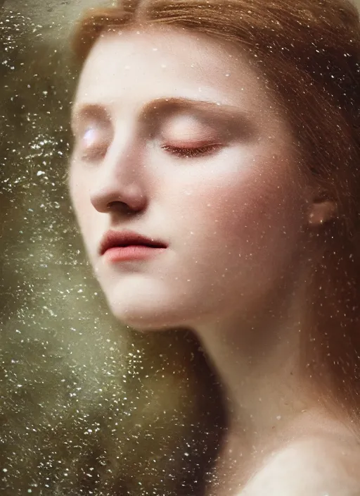 Image similar to Kodak Portra 400, 8K,ARTSTATION, Caroline Gariba, soft light, volumetric lighting, highly detailed, britt marling style 3/4 , extreme Close-up portrait photography of a beautiful woman how pre-Raphaelites with her eyes closed,inspired by Ophelia paint, the face emerges from water of Pamukkale, underwater face, hair are intricate with highly detailed realistic beautiful flowers , Realistic, Refined, Highly Detailed, interstellar outdoor soft pastel lighting colors scheme, outdoor fine art photography, Hyper realistic, photo realistic