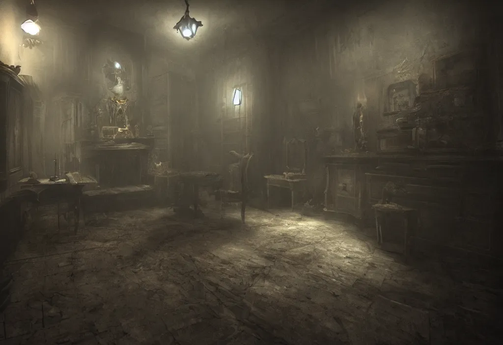 Image similar to eldritch shadows ghosts in a room of a haunted house. realistic, cinematic lighting, octane tender, dark - art