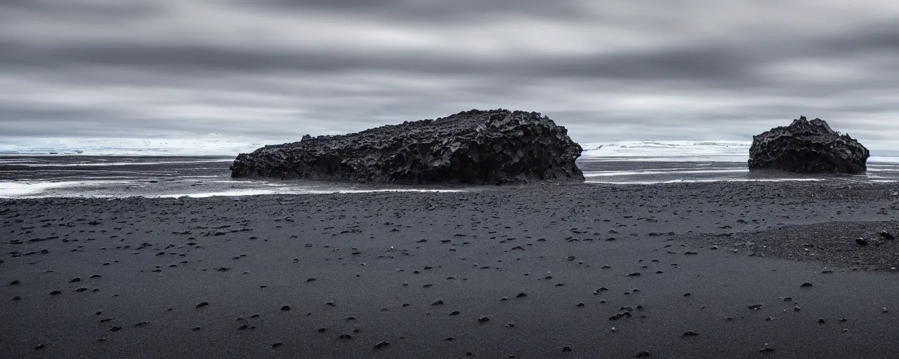 Image similar to cinematic shot of giant futuristic military spacecraft in the middle of an endless black sand beach in iceland with icebergs in the distance,, 2 8 mm