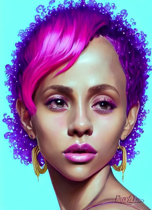 Image similar to portrait of vanessa morgan with bright pink hair, curly pixie cut hair, wearing a purple breton cap, breton cap, hoop earrings, intricate, elegant, glowing lights, highly detailed, digital painting, artstation, concept art, smooth, sharp focus, illustration, art by wlop, mars ravelo and greg rutkowski