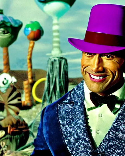 Image similar to Film still close-up shot of Dwayne Johnson as Willy Wonka from the movie Willy Wonka & The Chocolate Factory. Photographic, photography