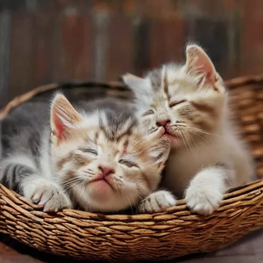 Image similar to two kittens sleeping in a basket, happy, cute