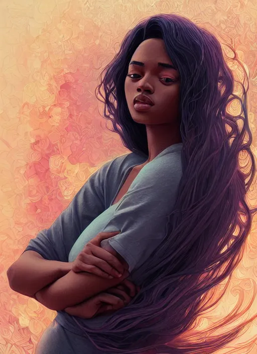 Image similar to handsome young black women with shoulder length white hair, half body shot, path traced, highly detailed, high quality, digital painting, alena aenami, lilia alvarado, shinji aramaki, karol bak, alphonse mucha, tom bagshaw