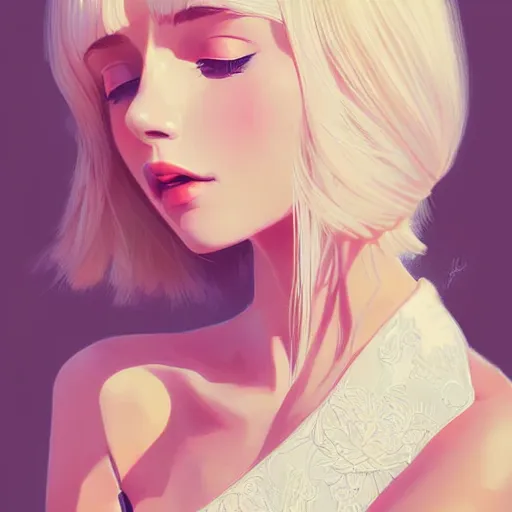 Image similar to beautiful woman in summer dress art, light blonde shoulder-length hair, muted colors, matte print, pastel colors, ornate, digital art, digital painting, fan art, elegant, by Ilya Kuvshinov