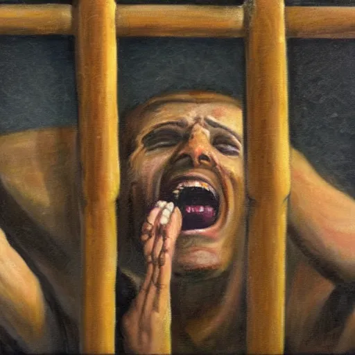 Prompt: a screaming prisoner holding prison bars, realism old oil painting