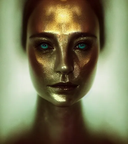 Image similar to bioluminescent long exposure light painting of a beautified full frame photo realistic face with lee jeffries style skin texture, lifelike incredible hair, crystalline masterpiece incrustations, gold, copper, bronze white plastic biomechanical with specular highlights, hyperdetailed face, elegant pose, movie still, octane render, cinematic forest lighting,