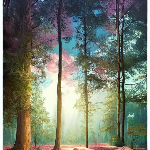 Image similar to solace, peaceful, clouds, beautiful, woods, trees, pine, nice view, gradient of pink and blue, mystical realistic poster with shaded lighting by craig mallismo, artgerm, jeremy lipkin and michael garmash, radiant light, detailed and complex environment, city, utopia, spirituality, sacred geometry, with implied lines